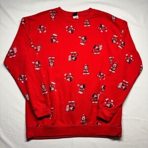 Disney Mickey Mouse Christmas Holiday Red All Over Print Sweatshirt Large